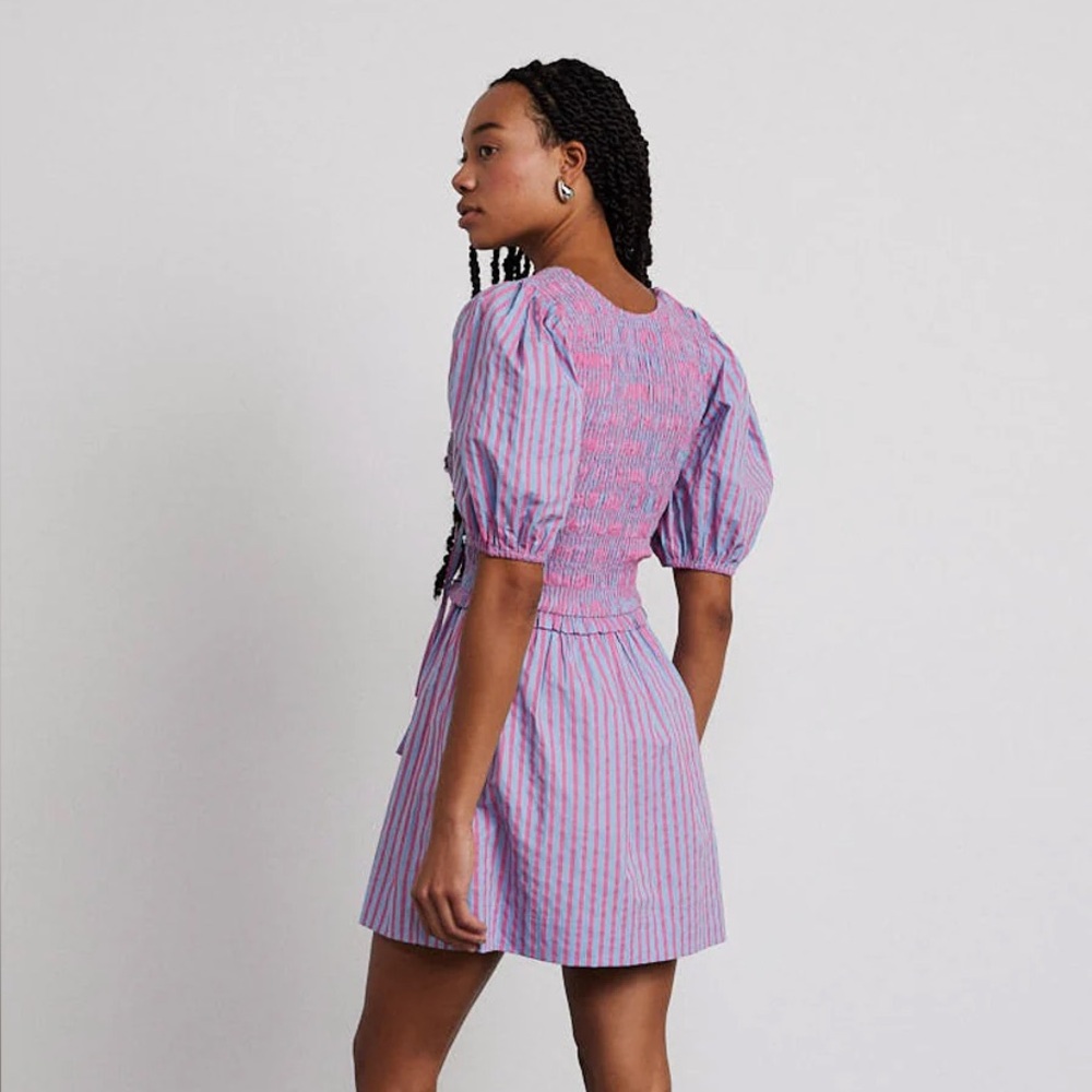 Damson Madder Mini Dress Ties Puff Sleeves Pink Blue UK 8 US 4